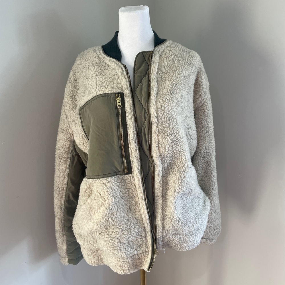 Free People Women's Rivington Sherpa Jacket, Desert Combo, Green, Off White, S